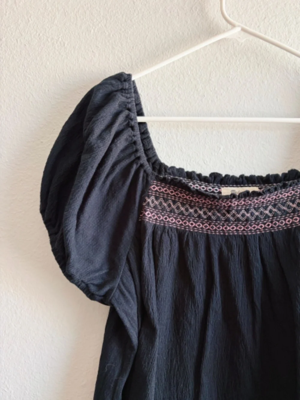 Madewell Black and Pink Embroidered Summer Peasant Blouse